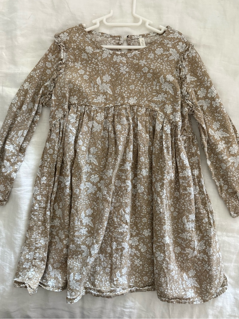 Rylee + Cru Girls' Floral Long-Sleeve Dress in Tan and White
